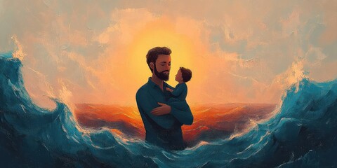 A man holding a child tenderly in the ocean as large waves surge around them during a glowing sunset, evoking feelings of protection and calm