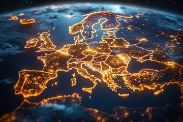 A glowing digital map of Europe at night showcasing illuminated country borders and city clusters with bright orange lights against a dark backdrop of the Earth from space