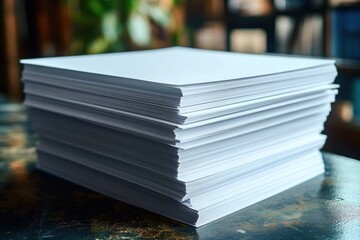 Thick stack of clean white paper sheets piled on a dark textured surface with a blurred background suggesting an indoor setting
