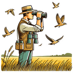 A Man Observes Migrating Birds with a Binoculars in a Grassy Field with Clear Skies