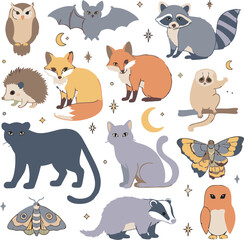 Fototapeta premium Charming collection of nocturnal animals illustrated in a whimsical, pastel style.