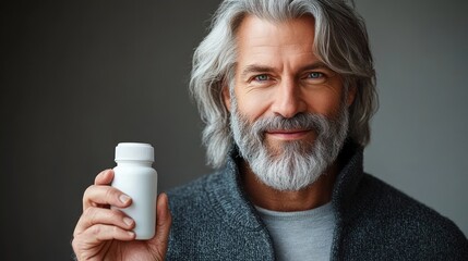Confident middle-aged man with gray hair and beard holding a white pill bottle and smiling gently against a neutral background
