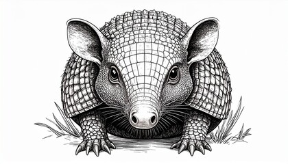 Detailed black and white drawing of an armadillo, facing forward with grass at its base.