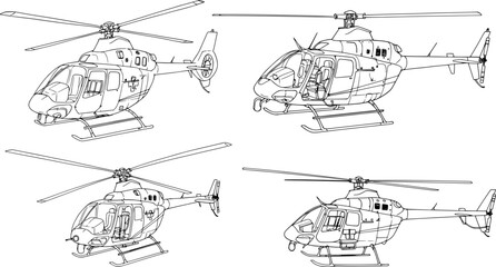 Fototapeta premium Detailed helicopter outline illustrations for aviation, transport, and engineering projects