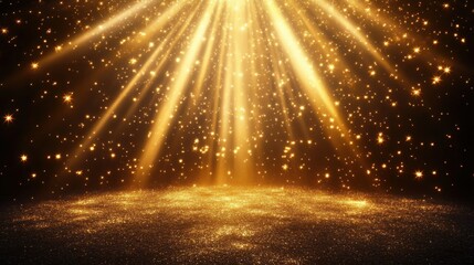 Golden sparkling lights and glittering particles illuminated by radiant beams with a magical and festive atmosphere