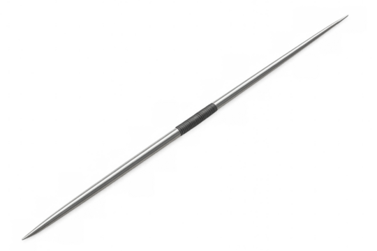 Realistic metallic javelin with black grip laying on transparent background, perfect for sports or historical projects