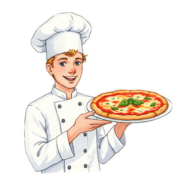 Friendly young chef character holding a fresh Pizza Margherita. Cartoon pizzaiolo mascot illustration for an Italian restaurant, isolated on white.
