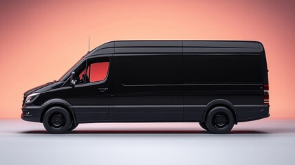 Sleek black cargo van on neutral surface with a warm gradient background, conveying a modern and professional vibe