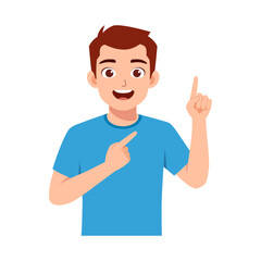 Happy Young Man in Blue T-Shirt Pointing Upward and Sideward with Smiling Face Expression Illustration