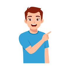 Happy Young Man Pointing to Right Side With Smiling Face and Light Brown Hair in Cartoon Illustration