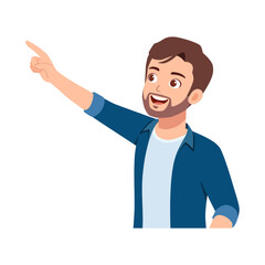 Happy Caucasian Man Pointing Upward with a Smile in Blue Shirt Illustration