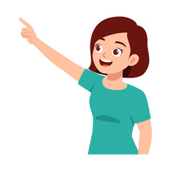 Smiling Woman Pointing Upward with Optimistic Expression in a Cartoon Illustration