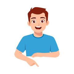 Smiling Caucasian Boy in Blue Shirt Pointing Downwards with Happy Expression