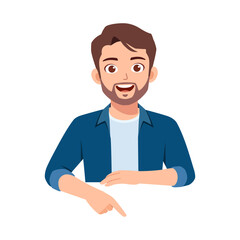 Smiling man pointing down at something in front of him in a cartoon style illustration