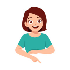 Happy young woman pointing down with a smile wearing a teal shirt on a white background