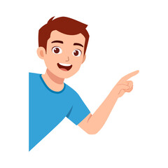 Happy young man pointing to the side with smiling and wearing a blue t-shirt cartoon style