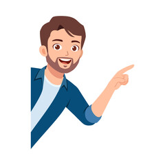 Smiling man peeking from behind wall, pointing with finger illustration