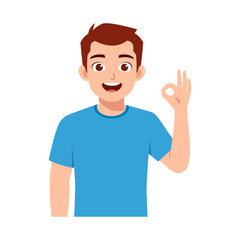Happy Caucasian man gesturing okay sign with hand and smiling in casual blue tshirt