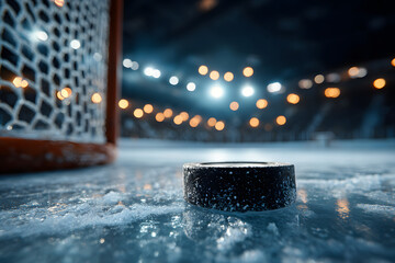Close up of hockey puck on ice rink surface with blurred goal net in the background under arena lights
