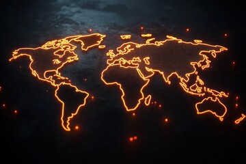 Glowing digital world map with bright orange neon outlines on a dark textured background evoking a futuristic and technological atmosphere