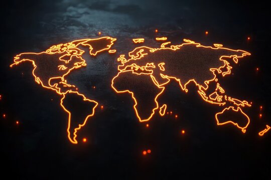 Glowing digital world map with bright orange neon outlines on a dark textured background evoking a futuristic and technological atmosphere