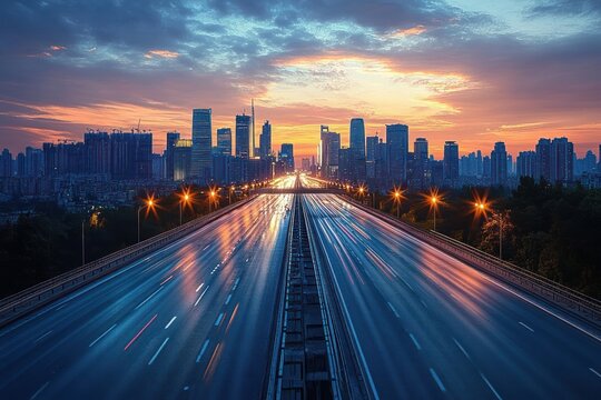 Empty multi-lane highway leading towards a modern city skyline at sunset with dramatic clouds and glowing streetlights reflecting on wet road surface - Powered by Adobe