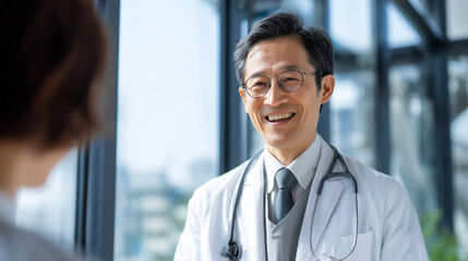 病院内で医者が患者さんを診察して話している写真