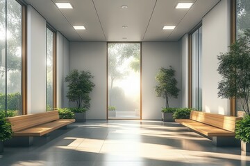 Fototapeta premium Bright modern waiting area with wooden benches and large windows overlooking green trees with sunlight streaming through peaceful and calm atmosphere