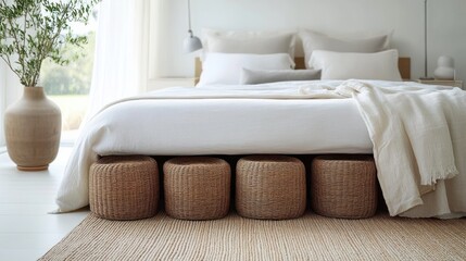 Minimalist bedroom with white bedding and four woven ottomans neatly arranged under the bed on a textured rug with a large plant in a vase beside the window