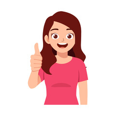 Happy young woman giving thumbs up with positive expression, smiling, good attitude in a cartoon style