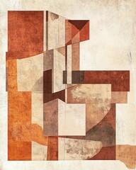 Abstract architectural composition of a deconstructed cubist building rendered in warm terracotta and ochre tones with a textured paper collage effect and fine abstract line art overlays.