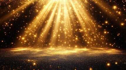 Shimmering golden light beams shining down on a sparkling golden glitter-filled surface creating a magical and radiant atmosphere