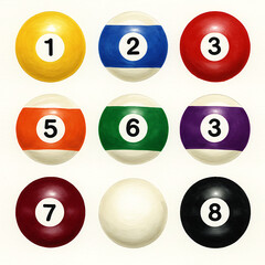 Watercolor illustration of a set of nine billiard balls, pool game equipment, sports and recreation, number balls, cue sports hobby.
