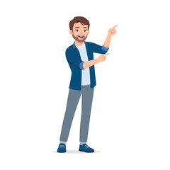 Cheerful Caucasian Man Smiling and Pointing with Both Hands with Upward Gaze Full Body