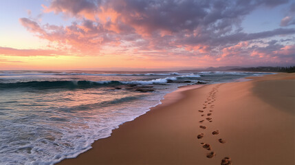 Fototapeta premium Peaceful summer beach at dawn with gentle waves and peach pink clouds, soft sand with footprints leading along shore creating calm and serene atmosphere