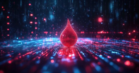 Glowing red digital droplet floating above a vibrant neon circuit board with blue and red lights and vertical data streams in a futuristic cyber environment