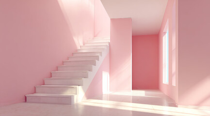 Obraz premium Soft Pink Room with White Stairs and Shadowy Sunlight on Transparent Background