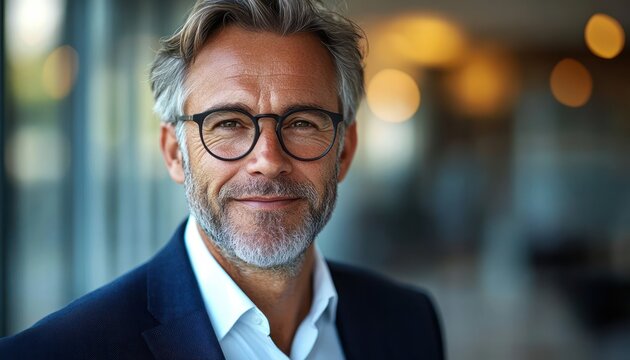 Middle-aged man with gray hair and beard wearing round glasses and a navy blazer smiling confidently against a blurred indoor background with warm lighting - Powered by Adobe