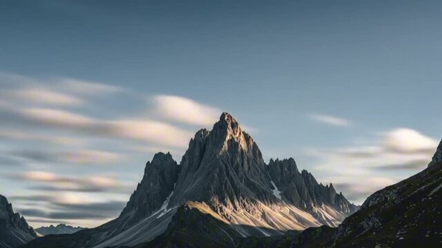 Jagged mountain peak dominates under blurred sky shadowed by flanking peaks