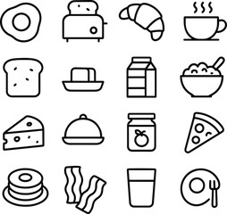 Line Style Detailed Food Breakfast and Brunch Meal Outline Icon Set
