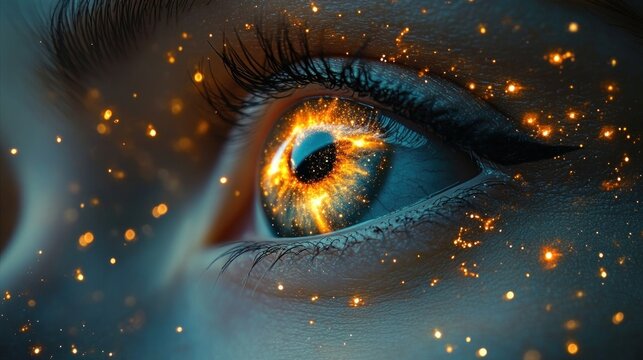 Close-up of a human eye with glowing fiery particles reflecting in the iris, surrounded by scattered luminescent specks evoking a sense of wonder and mystery