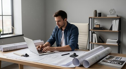 A focused architect or designer works diligently at his desk, reviewing blueprints and using a laptop to manage his projects.