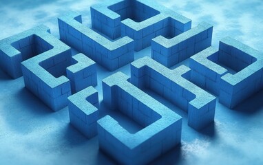 Abstract blue concrete maze with thick walls casting shadows on a smooth blue surface, suggesting complexity and challenge