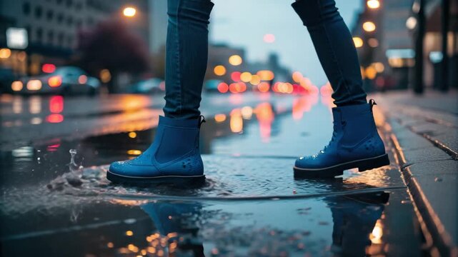 Abstract Walking in blue rain boots on a wet city street puddle reflection photography Technology Background