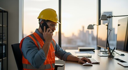 A construction worker in a hard hat uses a computer and phone while working in a modern .