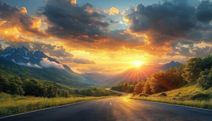 Curving road through green valley with sun setting behind mountains casting golden light and colorful clouds in a dramatic sky