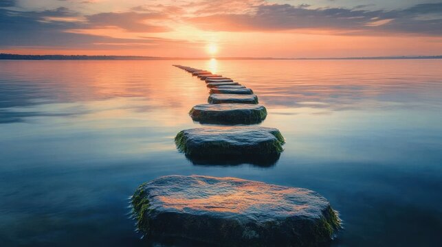 Calm sunset over water with a path of stepping stones leading into the horizon under colorful sky - Powered by Adobe
