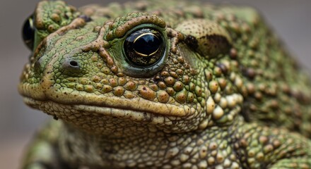 Fototapeta premium Close-up of a green, bumpy toad showcasing its skin texture and reflective eye