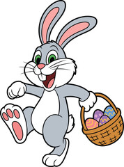 PrintCheerful Easter bunny carrying colorful egg basket, festive spring holiday illustration, cute cartoon rabbit design for seasonal greeting cards