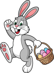 PrintCheerful Easter bunny holding basket of colorful eggs, cute cartoon rabbit for spring celebration, holiday greeting